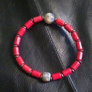 Red & Gray Beaded Slim Stretch Bracelet ~ Smoky Quartz + Howlite ~ 7" Wrists